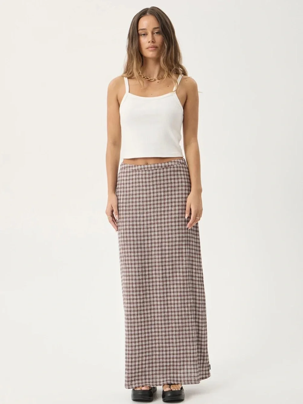Afends Base Seersucker Maxi Skirt - Coffee Check NWT - Picture 2 of 9